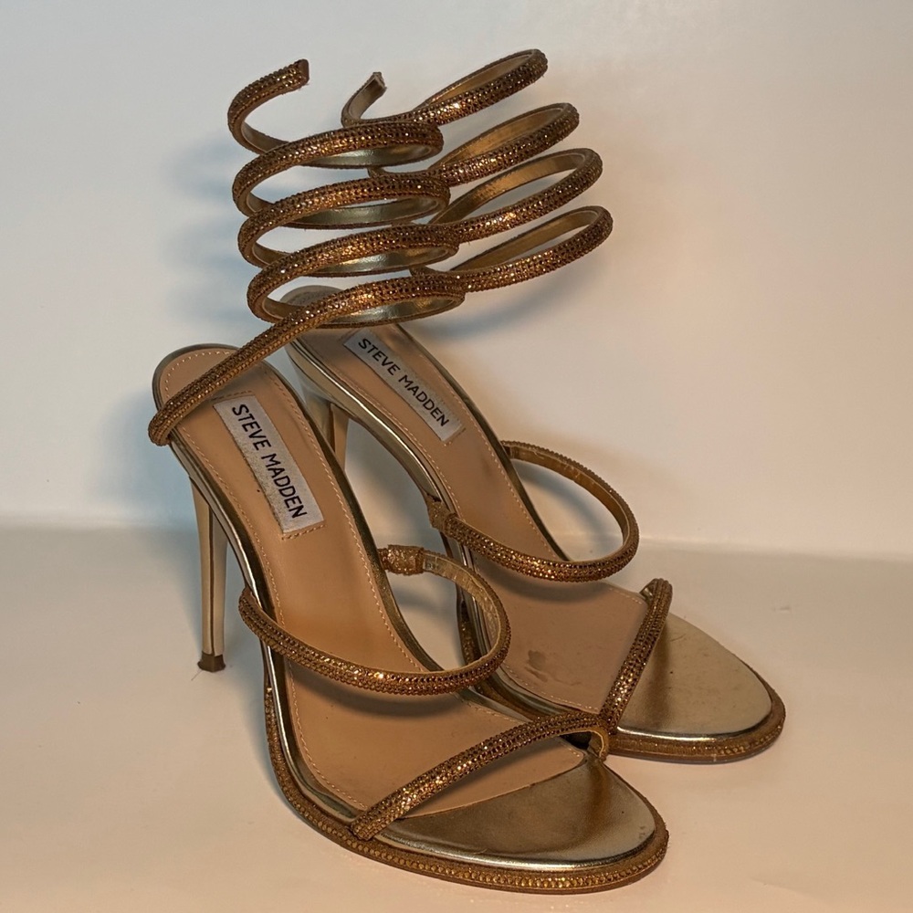 Steve Madden Heels Sandal Women 7.5 Gold Exotica Spiral Rhinestone Wrap Stiletto